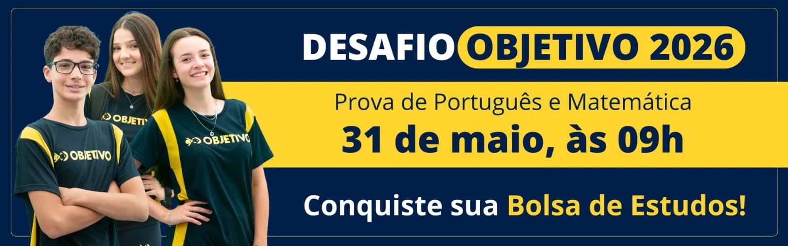 Ilustração do Desafio Objetivo 2026 — sua chance de conquistar uma bolsa de estudos