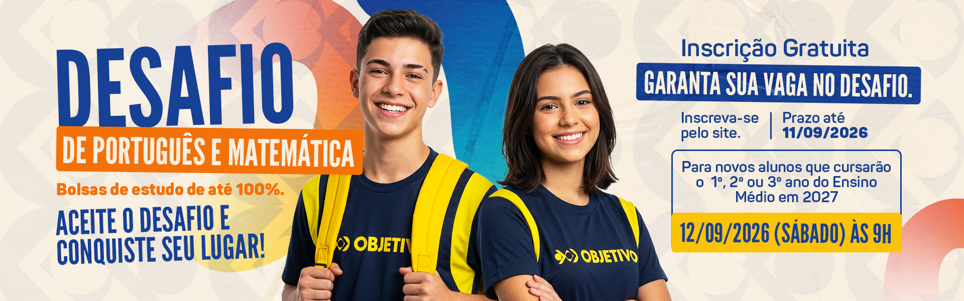 Desafio de Português e matemática, bolsa de estudos de até 100%.
